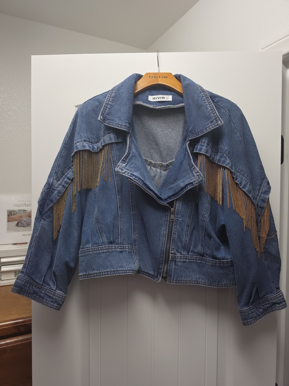 RIVER Blue Denim Fringe Moto Jacket